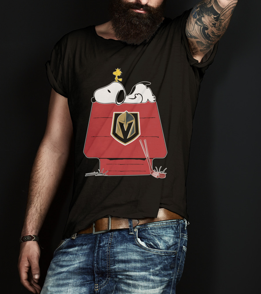 Snoopy Relaxing On Doghouse With Vegas Golden Knights Logo Featuring Hockey Sticks And Woodstock T-Shirt