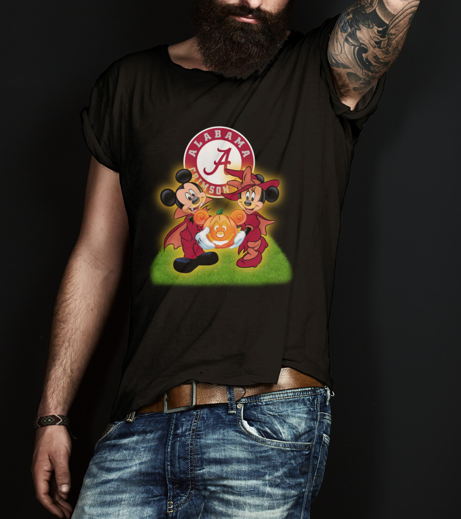 Alabama Crimson Tide Mickey And Minnie Halloween Football Pumpkin T-Shirt