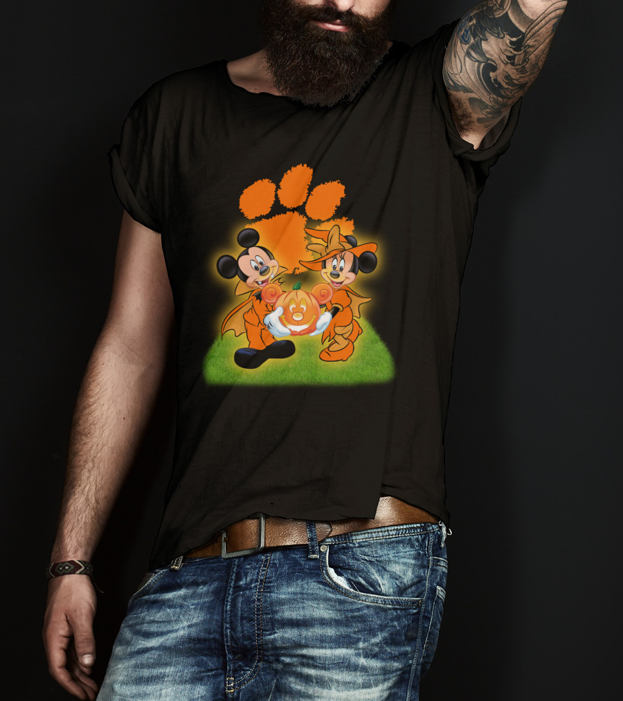 Clemson Halloween Football Mickey Minnie Pumpkin Paws T-Shirt