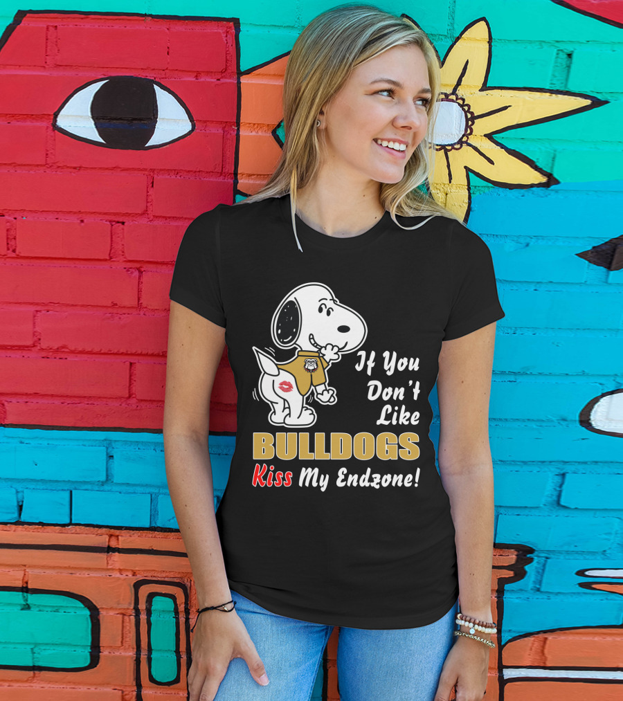 If You Don't Like Bulldogs Kiss My Endzone With Cartoon Dog In Football Jersey T-Shirt