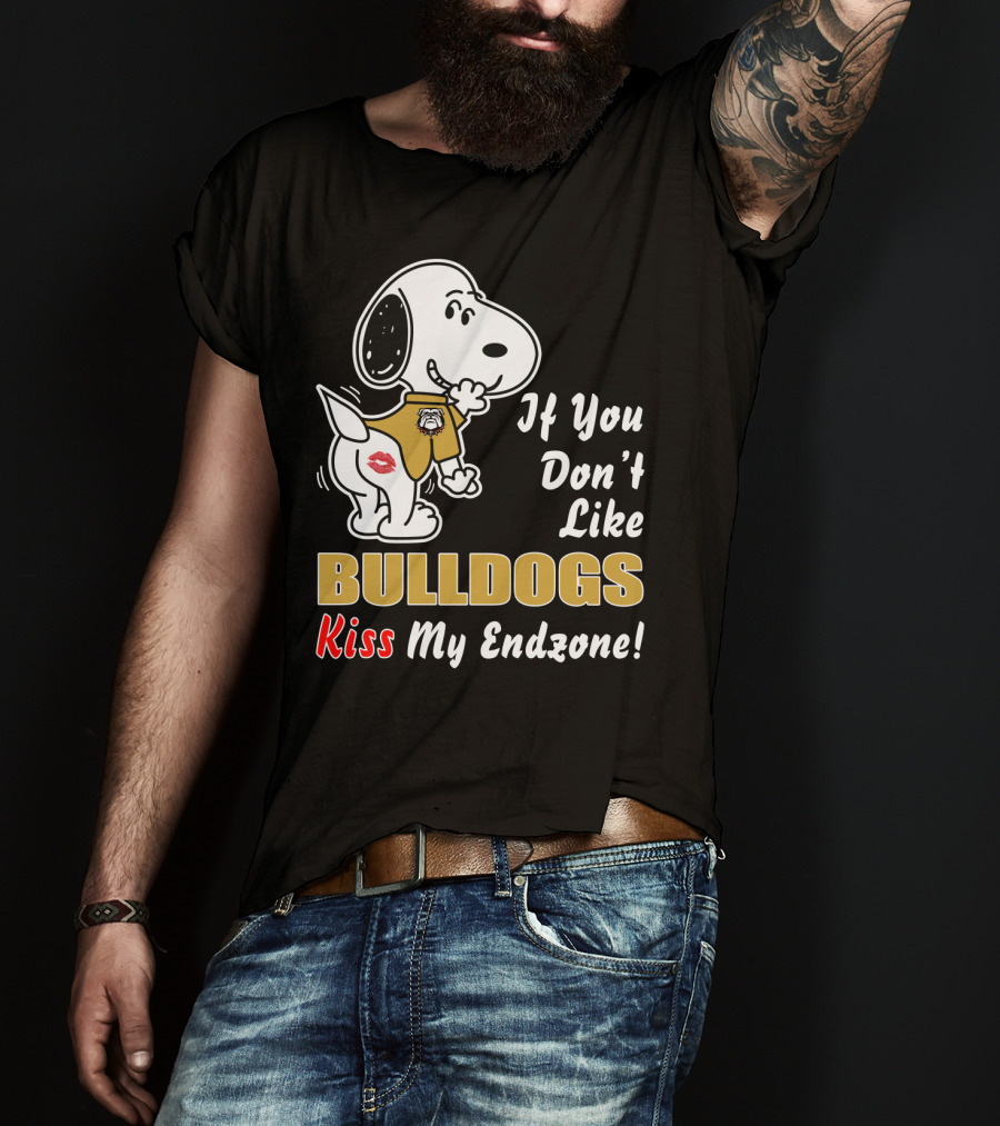 If You Don't Like Bulldogs Kiss My Endzone With Cartoon Dog In Football Jersey T-Shirt