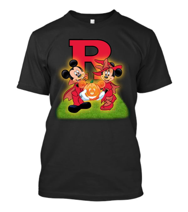 R Rutgers Halloween Mickey Minnie Pumpkin Football T-Shirt