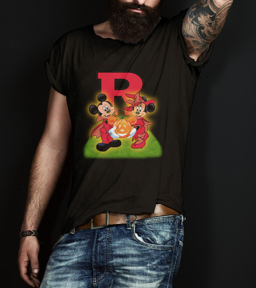 R Rutgers Halloween Mickey Minnie Pumpkin Football T-Shirt