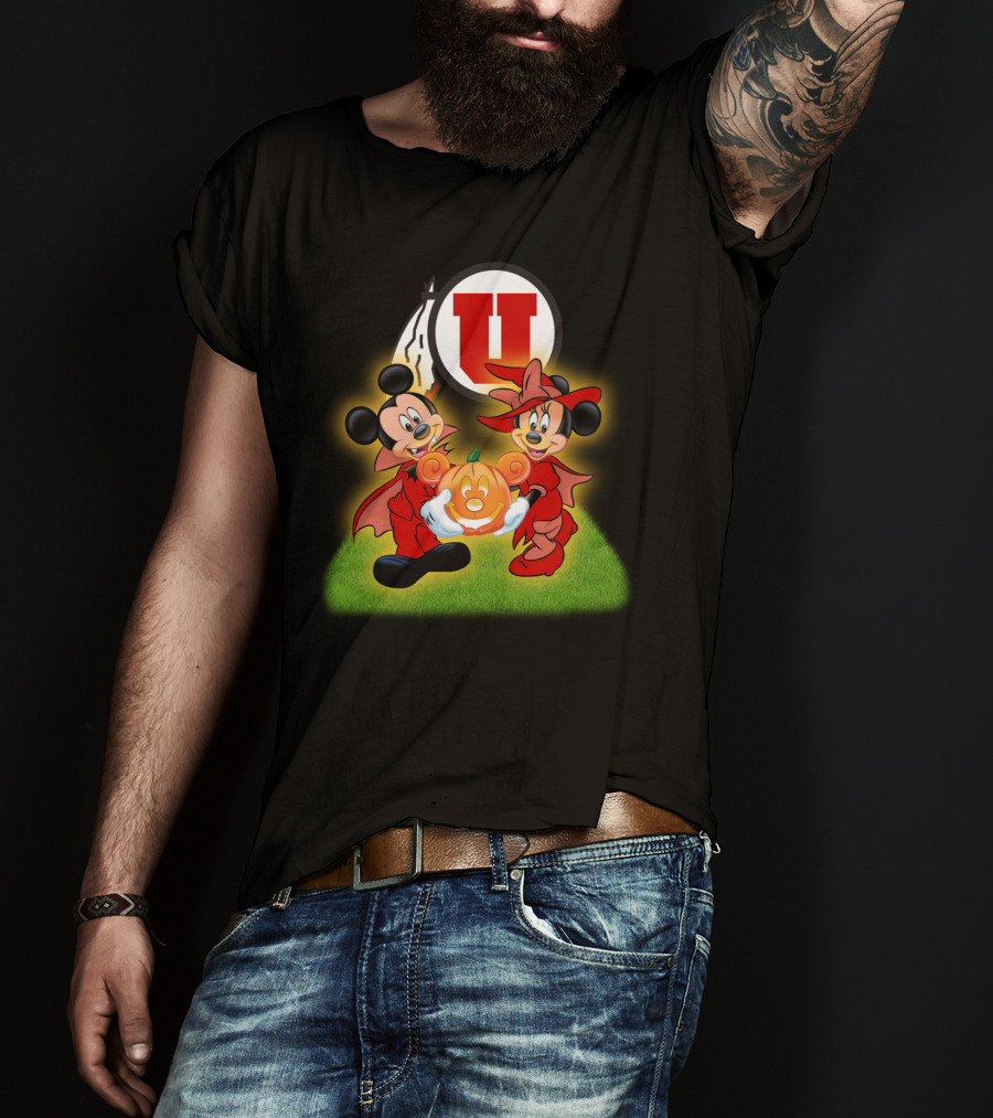 Utah U Halloween Football Pumpkin With Mickey And Minnie Mouse T-Shirt
