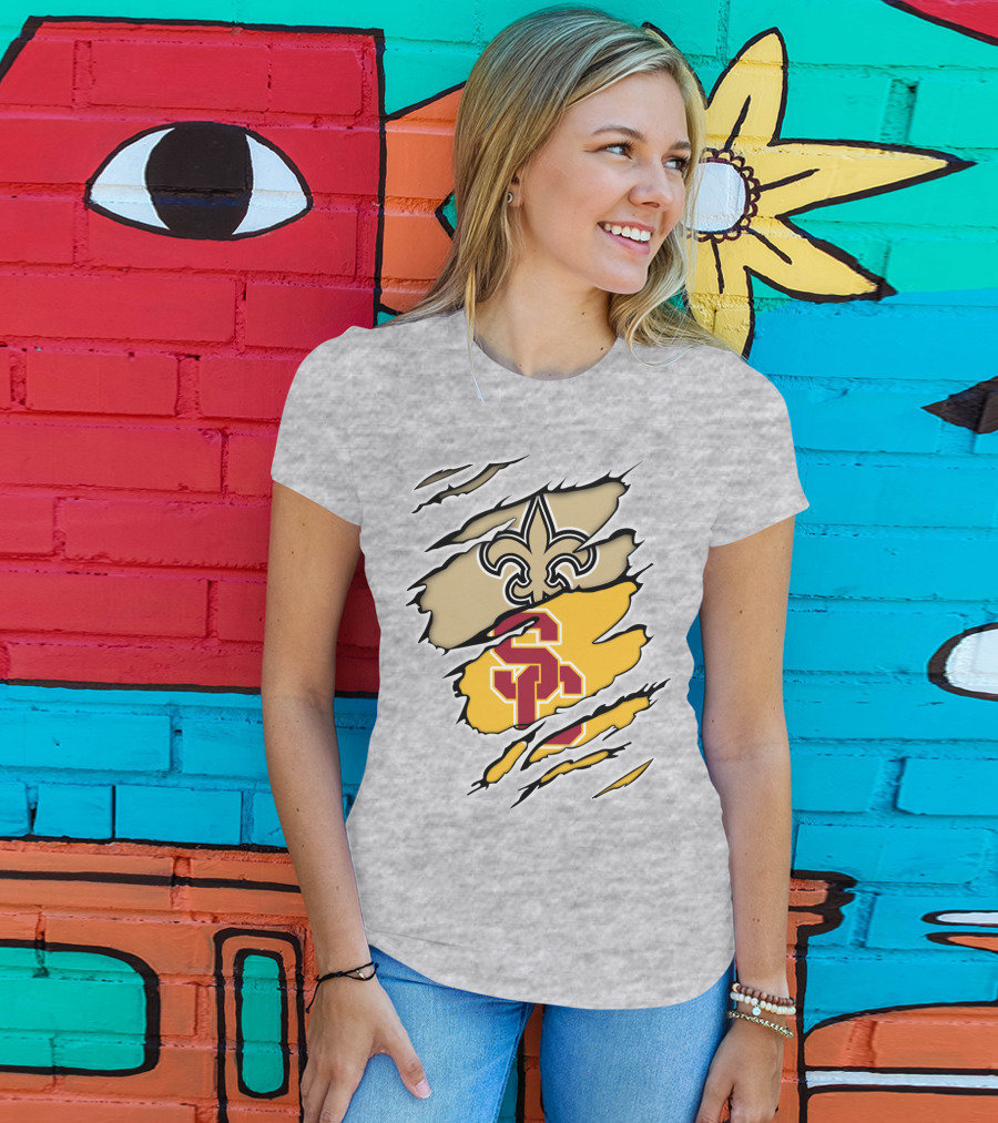 Saints Trojans USC Fleur-de-Lis Logo Combination T-Shirt