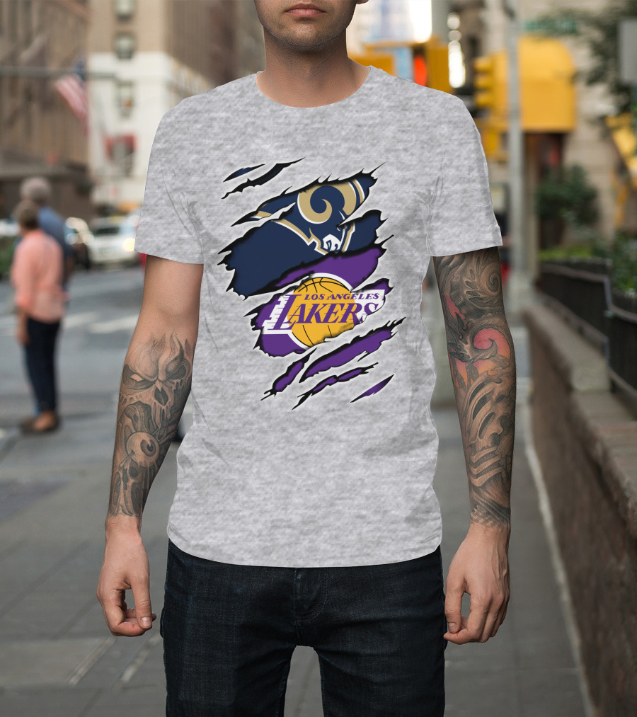 Los Angeles Rams Lakers Logos Scratch Sports Collaboration T-Shirt