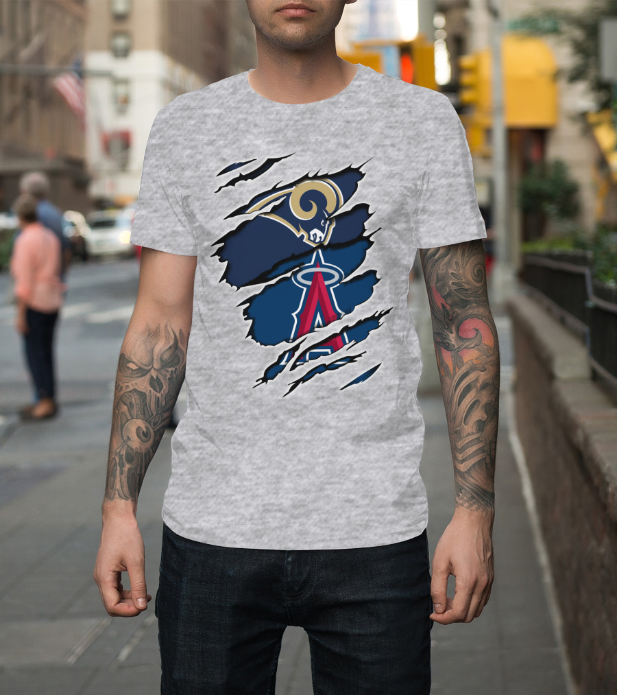 Rams Angels Rams Angles Logo Mashup on Ripped Blue Background T-Shirt