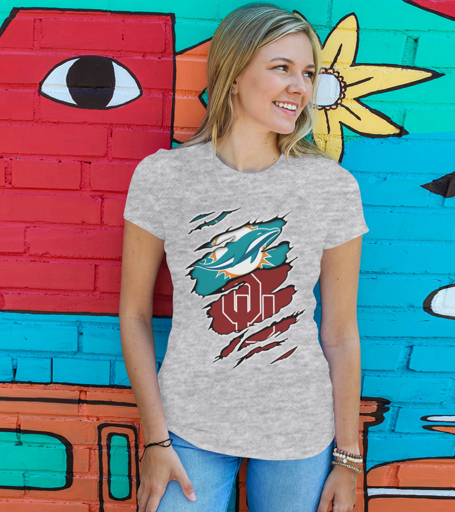 Miami Dolphins Oklahoma Sooners Teal Aqua Crimson Red Blend T-Shirt