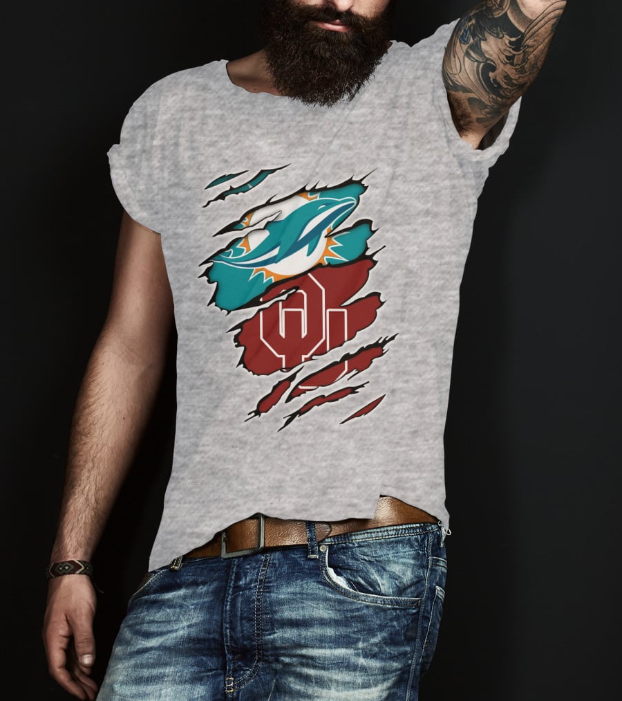 Miami Dolphins Oklahoma Sooners Teal Aqua Crimson Red Blend T-Shirt