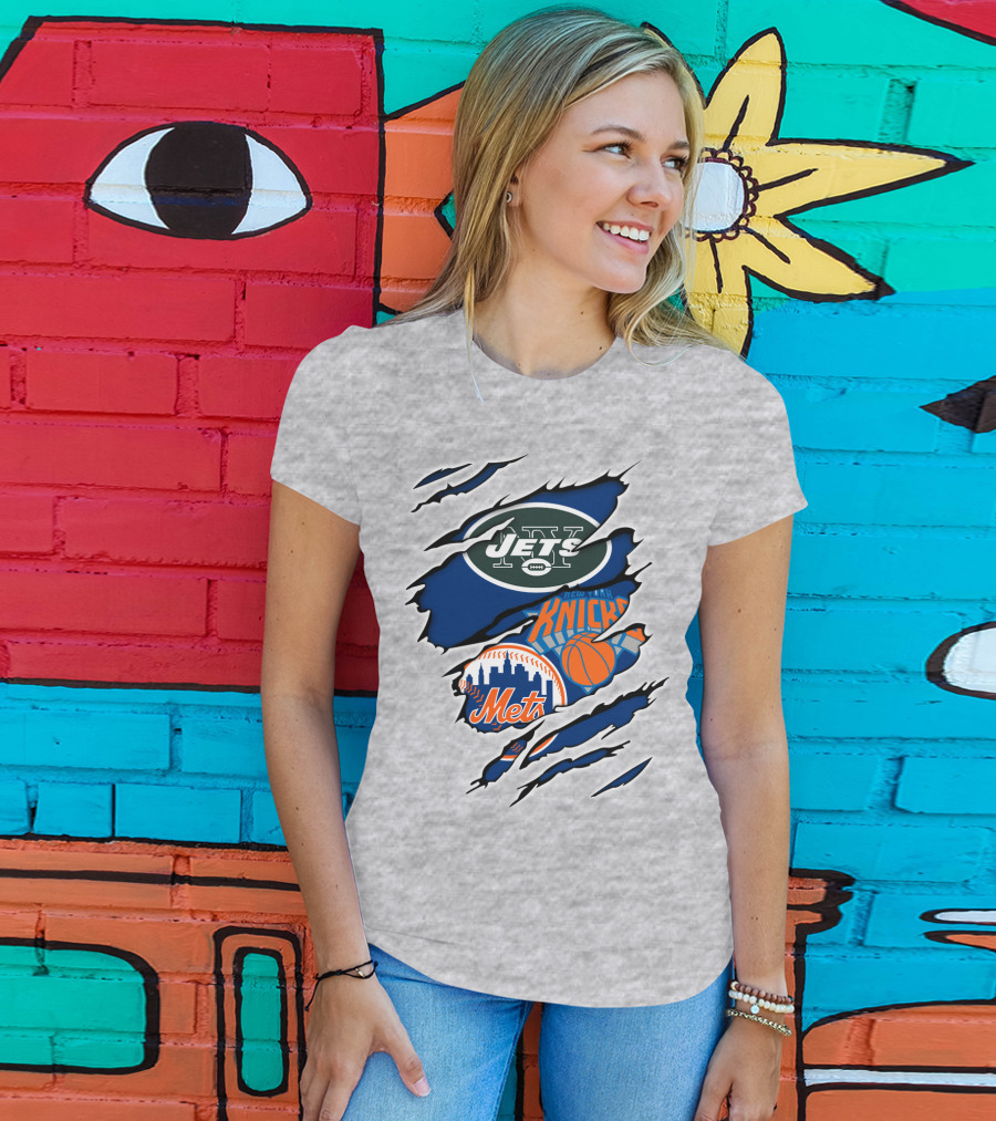 New York Jets Mets Knicks Logo Fusion NFL MLB NBA Team Pride T-Shirt