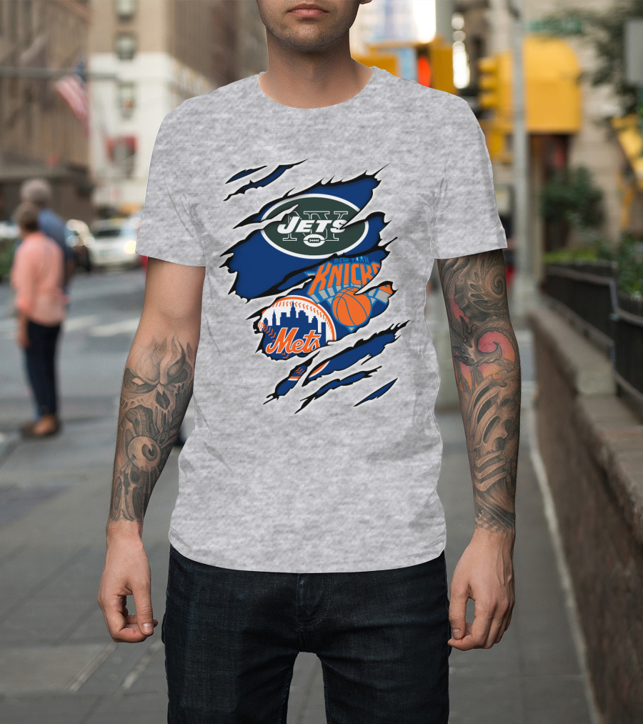 New York Jets Mets Knicks Logo Fusion NFL MLB NBA Team Pride T-Shirt