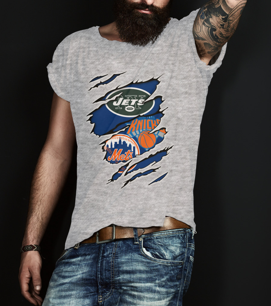 New York Jets Mets Knicks Logo Fusion NFL MLB NBA Team Pride T-Shirt