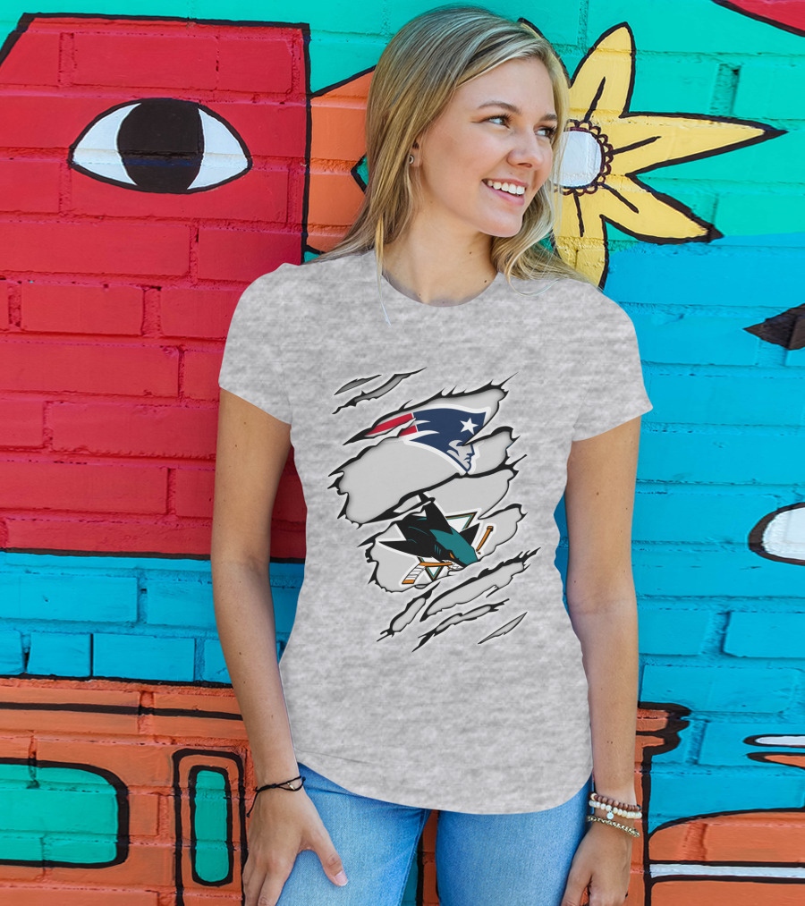 New England Patriots San Jose Sharks Ripped Tear T-Shirt