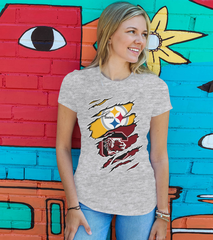 Steelers Gamecocks Logo Mashup With Scratch Marks T-Shirt