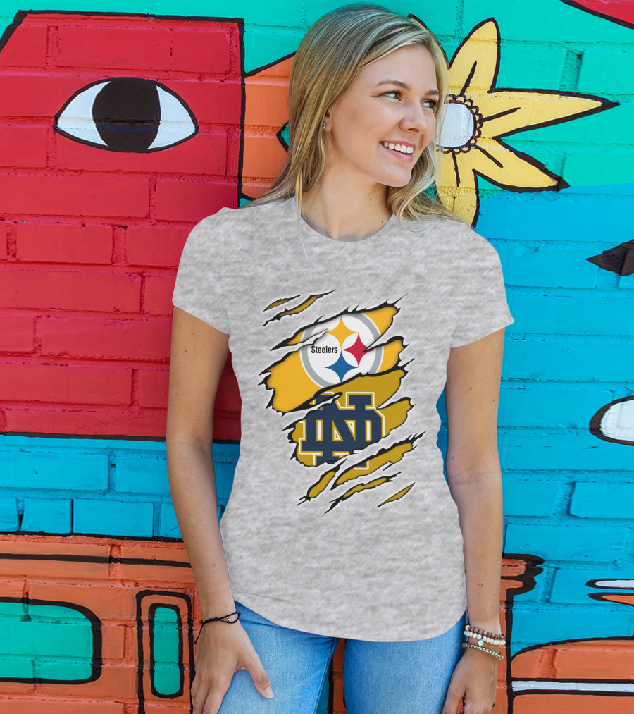 Steelers Notre Dame Logo Ripped T-Shirt