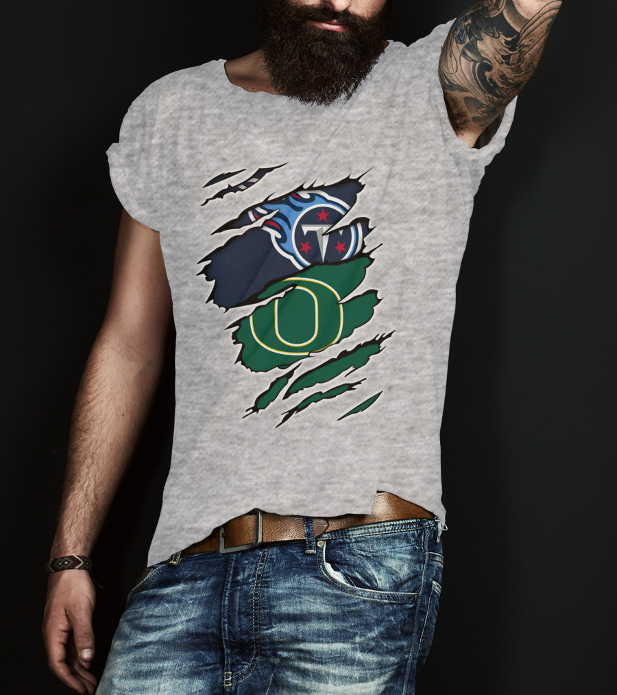 Tennessee Titans And Oregon Ducks Ripped Logo Claw Marks T-Shirt