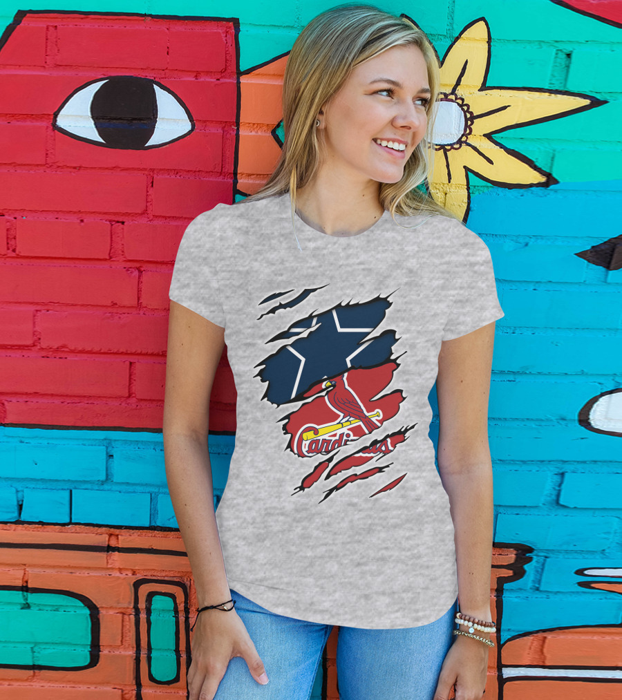 Cowboys Cardinals Star And Bird Logos On Torn Background T-Shirt