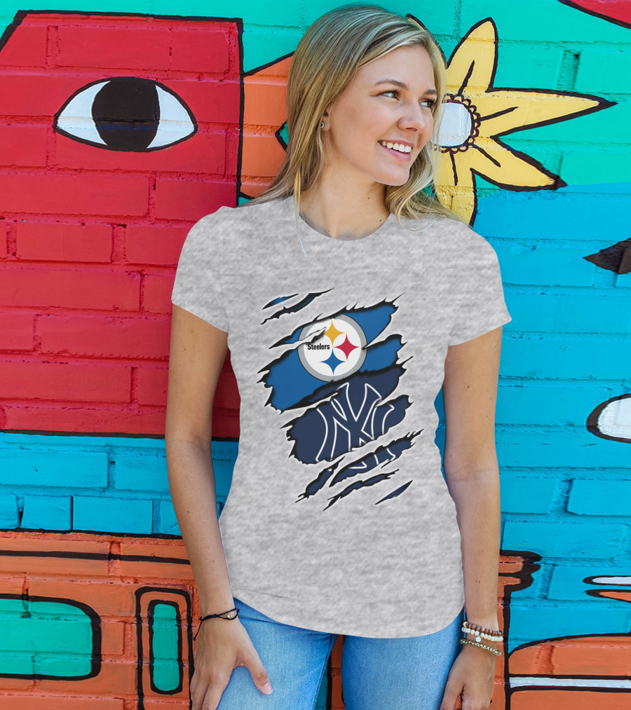 Steelers Yankees Logo Fusion Ripped Effect T-Shirt