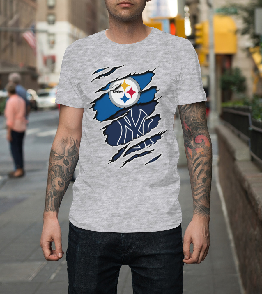 Steelers Yankees Logo Fusion Ripped Effect T-Shirt