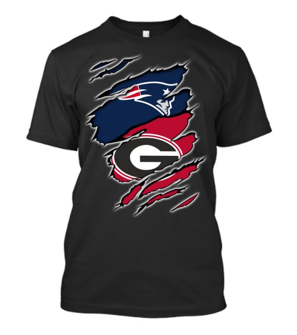 Patriots And Georgia Bulldogs Team Logos Ripped T-Shirt
