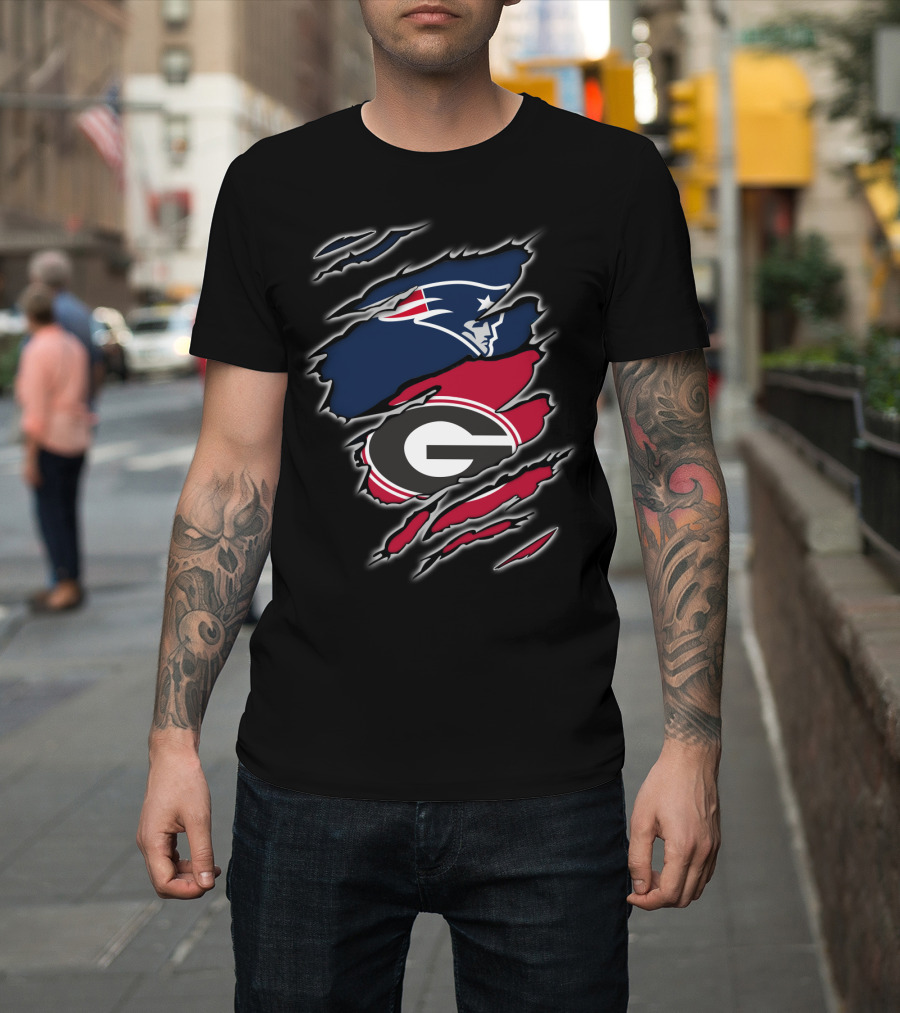 Patriots And Georgia Bulldogs Team Logos Ripped T-Shirt