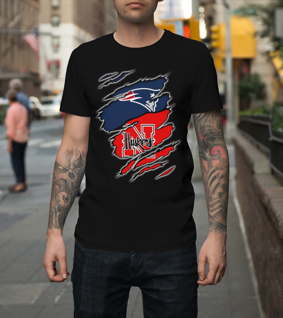 Patriots Logo With Huskers Nebraska N And Huskers Text In Torn T-Shirt