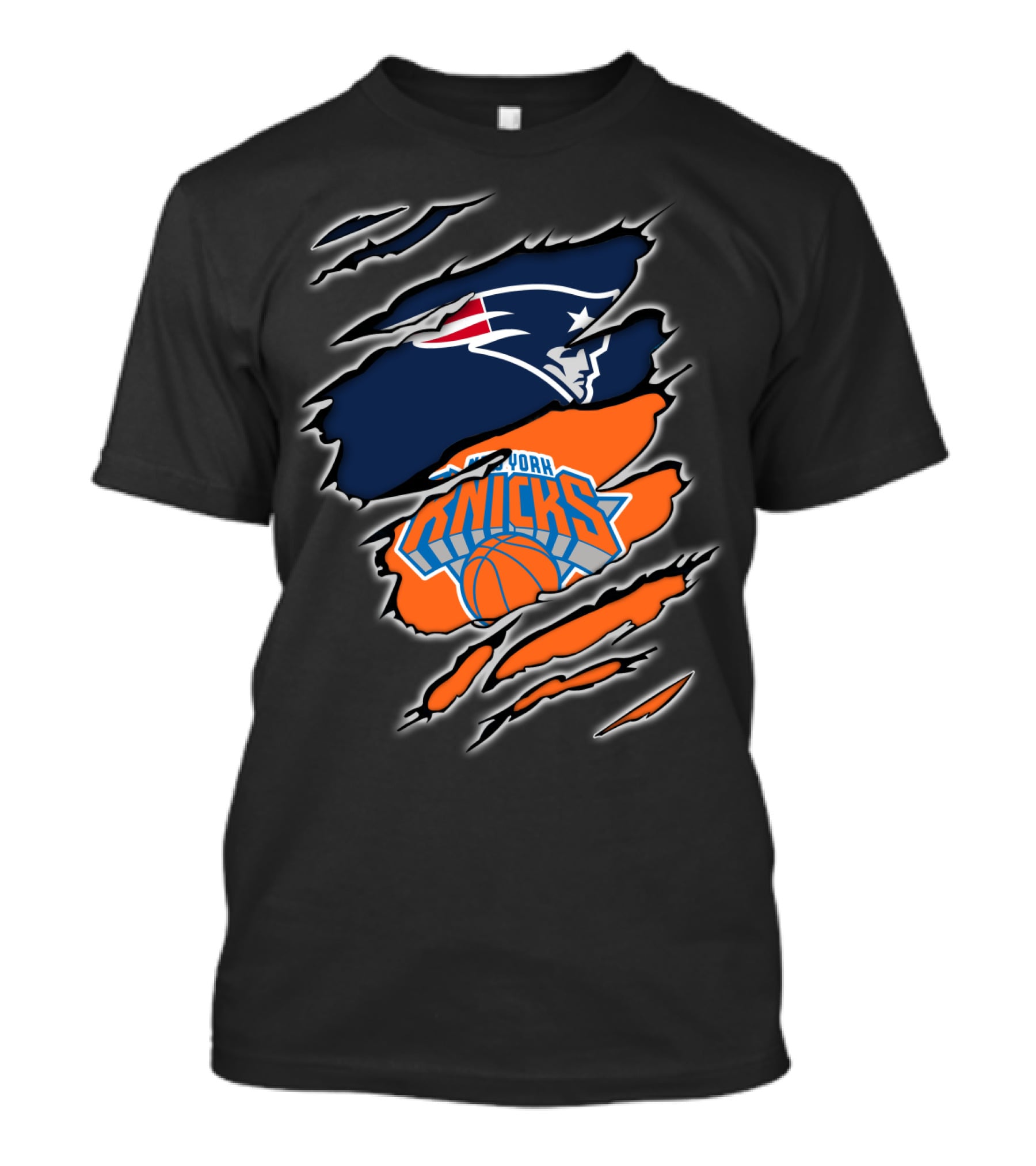 Patriots Emblem Overlaid With New York Knicks Basketball Motif T-Shirt