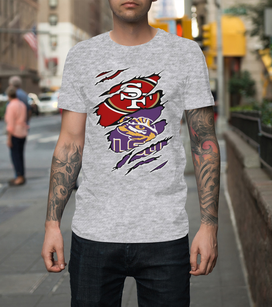 LSU Tigers And San Francisco 49ers Logos On Torn Background T-Shirt