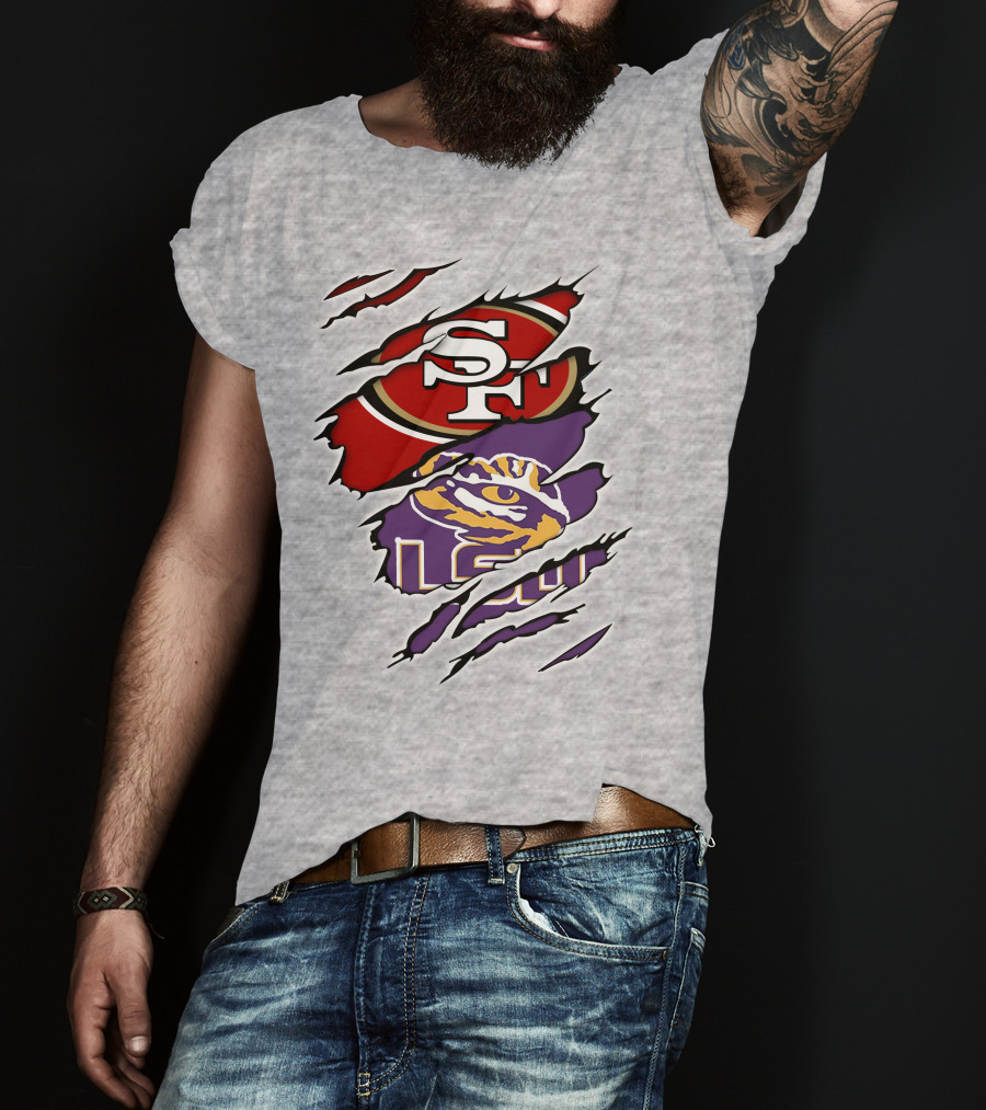 LSU Tigers And San Francisco 49ers Logos On Torn Background T-Shirt