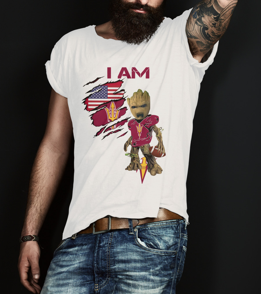 I Am ASU Baby Groot Football American Flag T-Shirt
