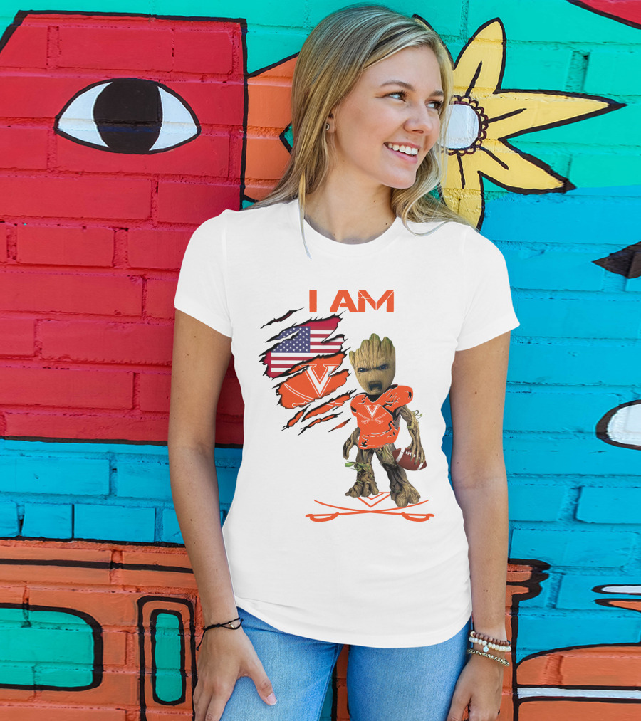 I Am Baby Groot Virginia Cavaliers Football Fan USA Flag T-Shirt