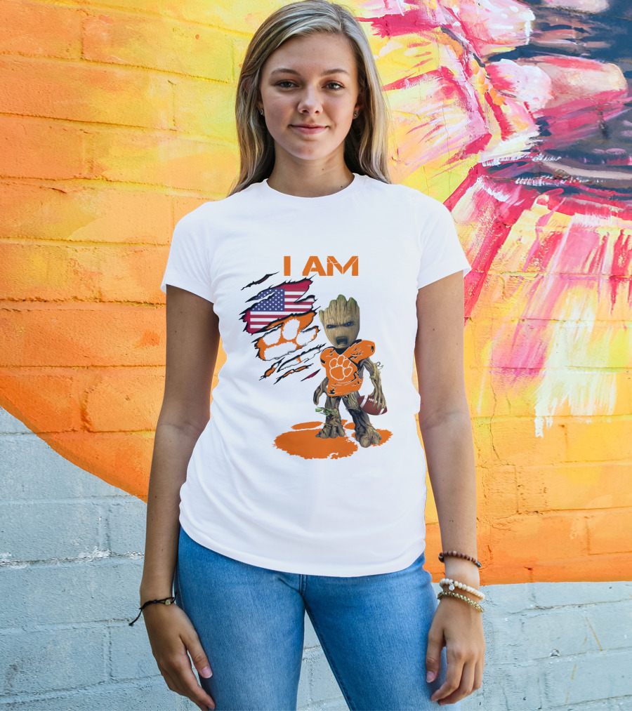 I AM Clemson Baby Groot American Flag Tiger Paw Football T-Shirt