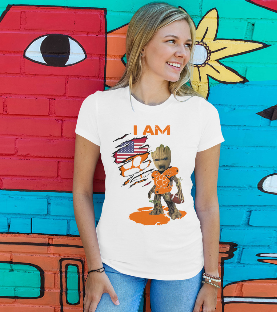 I AM Clemson Baby Groot American Flag Tiger Paw Football T-Shirt
