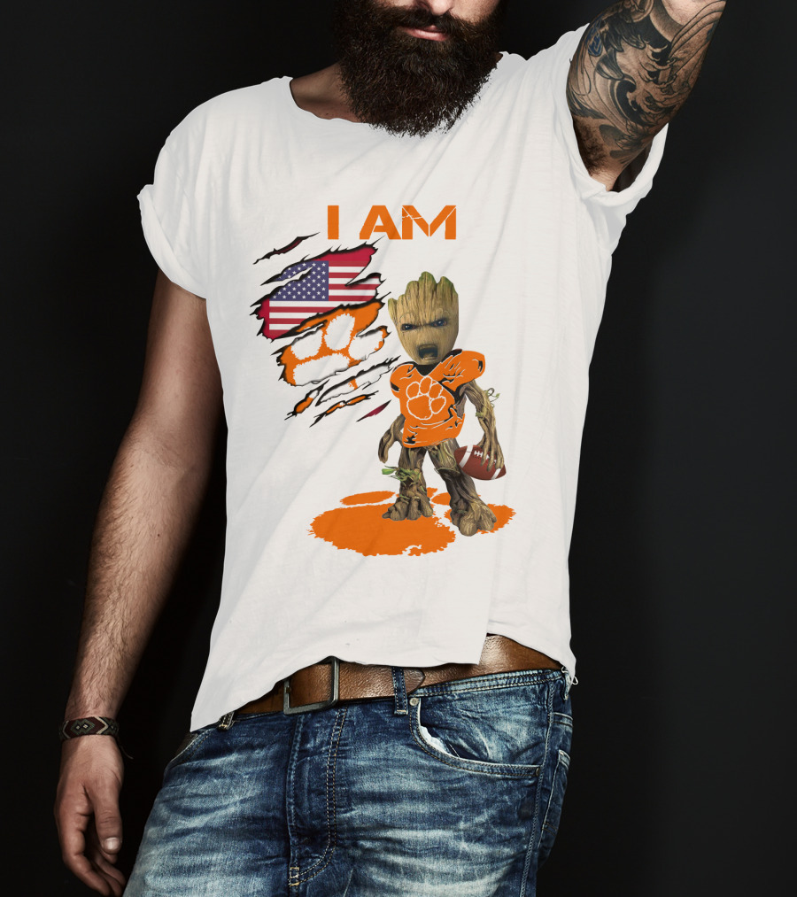 I AM Clemson Baby Groot American Flag Tiger Paw Football T-Shirt