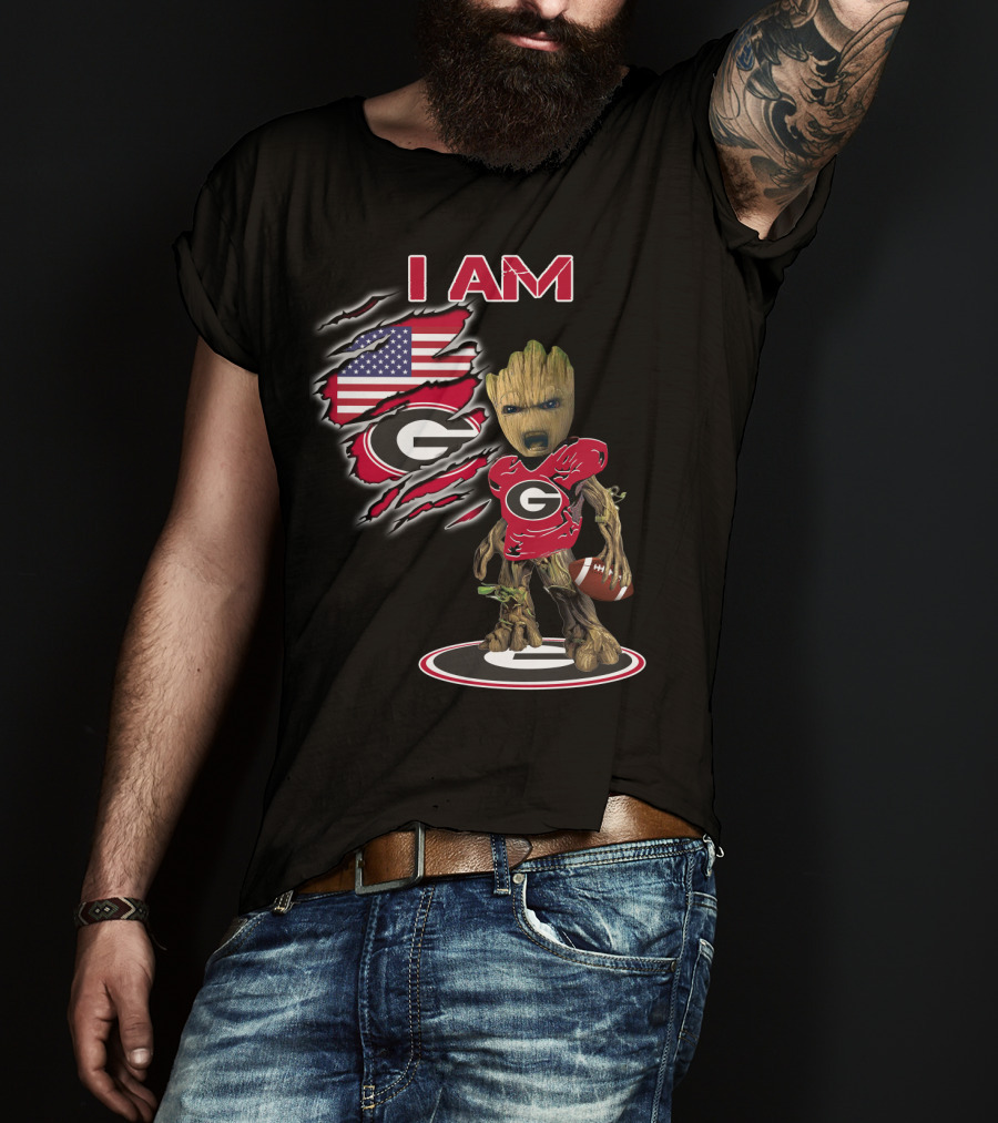 I AM Bulldogs Baby Groot Football G Fan American Flag T-Shirt