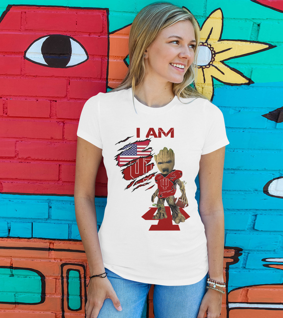 I AM Indiana Hoosiers Baby Groot Football USA Flag T-Shirt