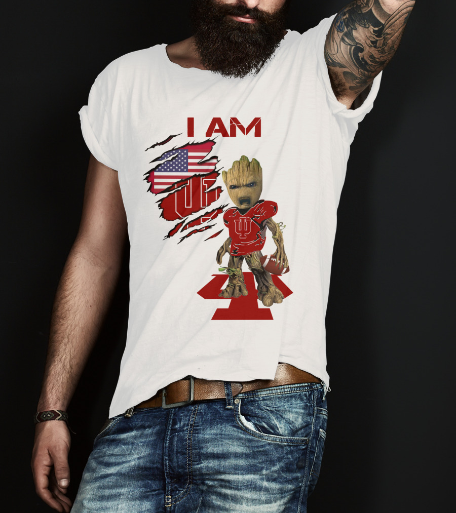 I AM Indiana Hoosiers Baby Groot Football USA Flag T-Shirt