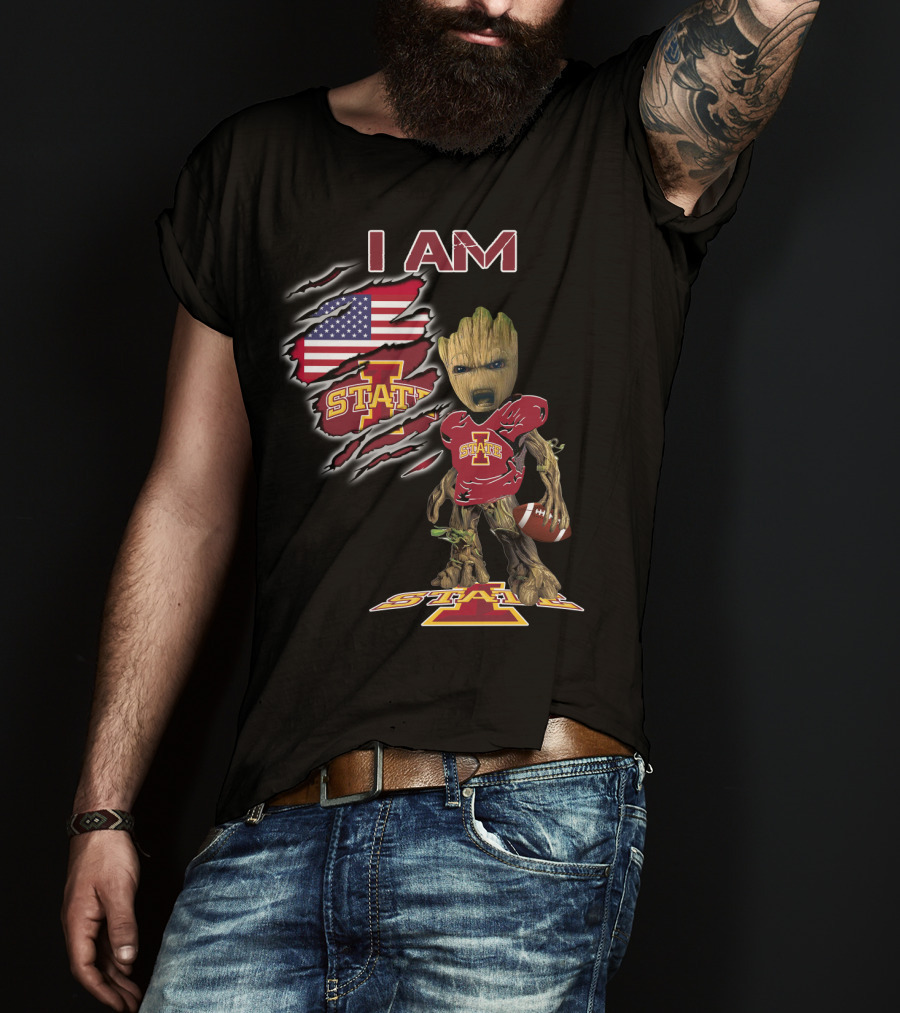 I Am Iowa State Baby Groot Football American Flag T-Shirt