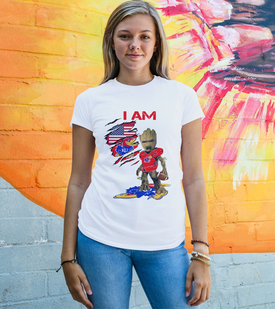 I AM Baby Groot KU Football Jayhawks American Flag T-Shirt