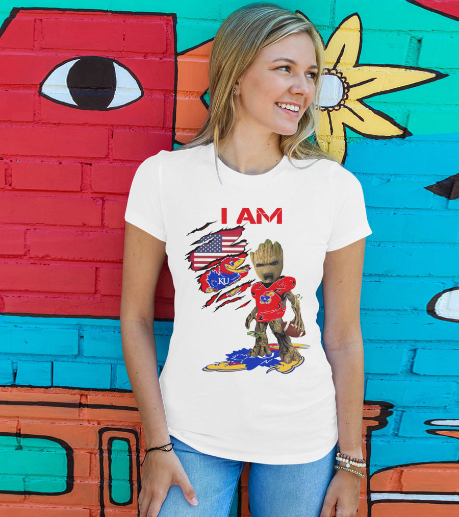 I AM Baby Groot KU Football Jayhawks American Flag T-Shirt