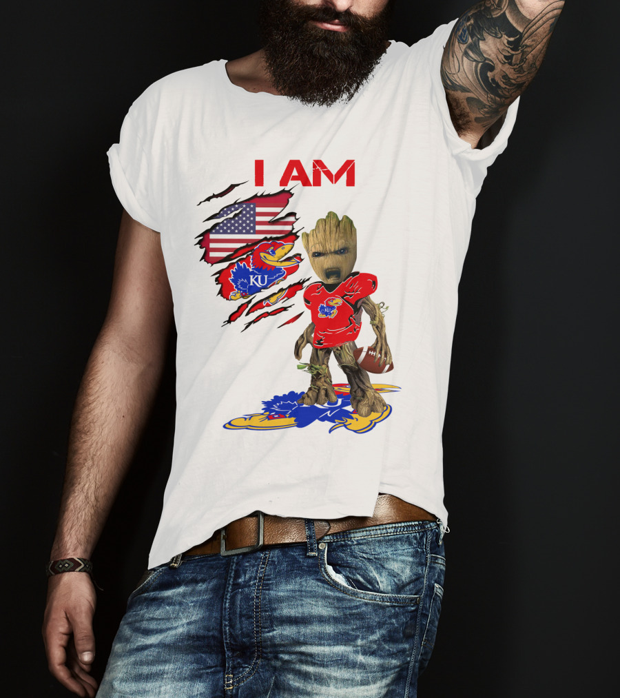 I AM Baby Groot KU Football Jayhawks American Flag T-Shirt