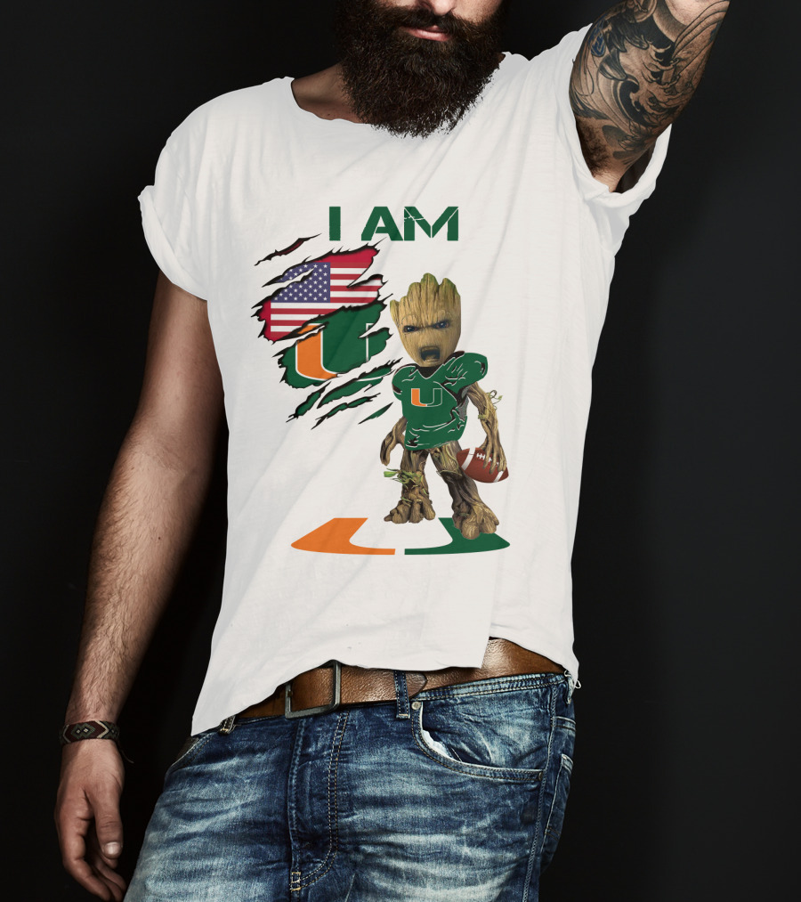 I AM Miami Hurricanes Baby Groot Football USA Flag T-Shirt