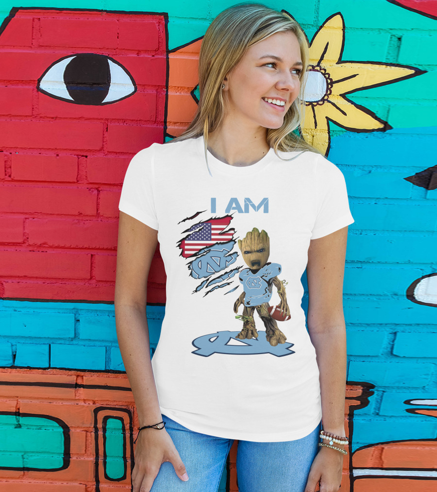 I Am Baby Groot Tarheels Football USA Flag T-Shirt