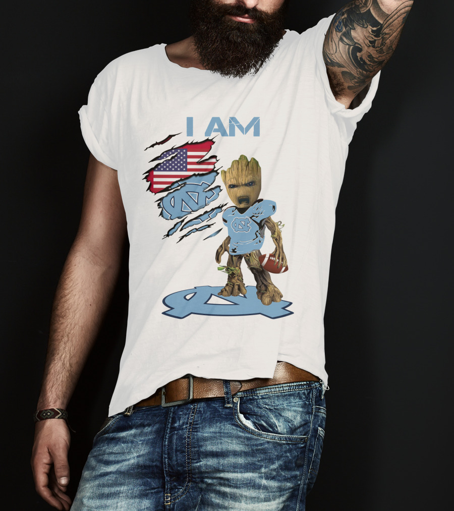 I Am Baby Groot Tarheels Football USA Flag T-Shirt