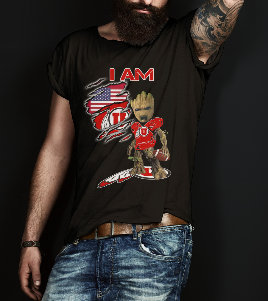 I AM Utes Baby Groot American Flag Football T-Shirt