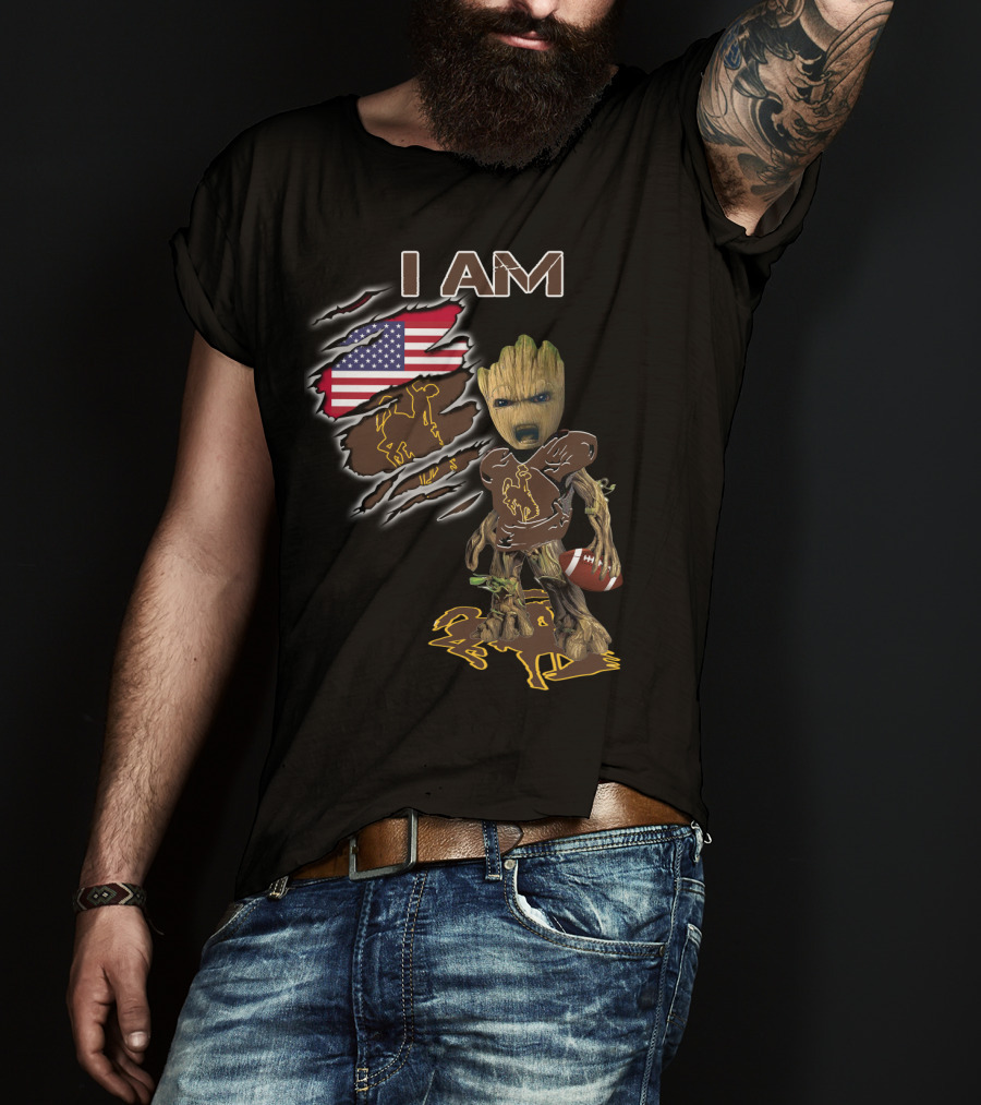 I Am Wyoming Baby Groot American Flag Cowboy Football Player T-Shirt