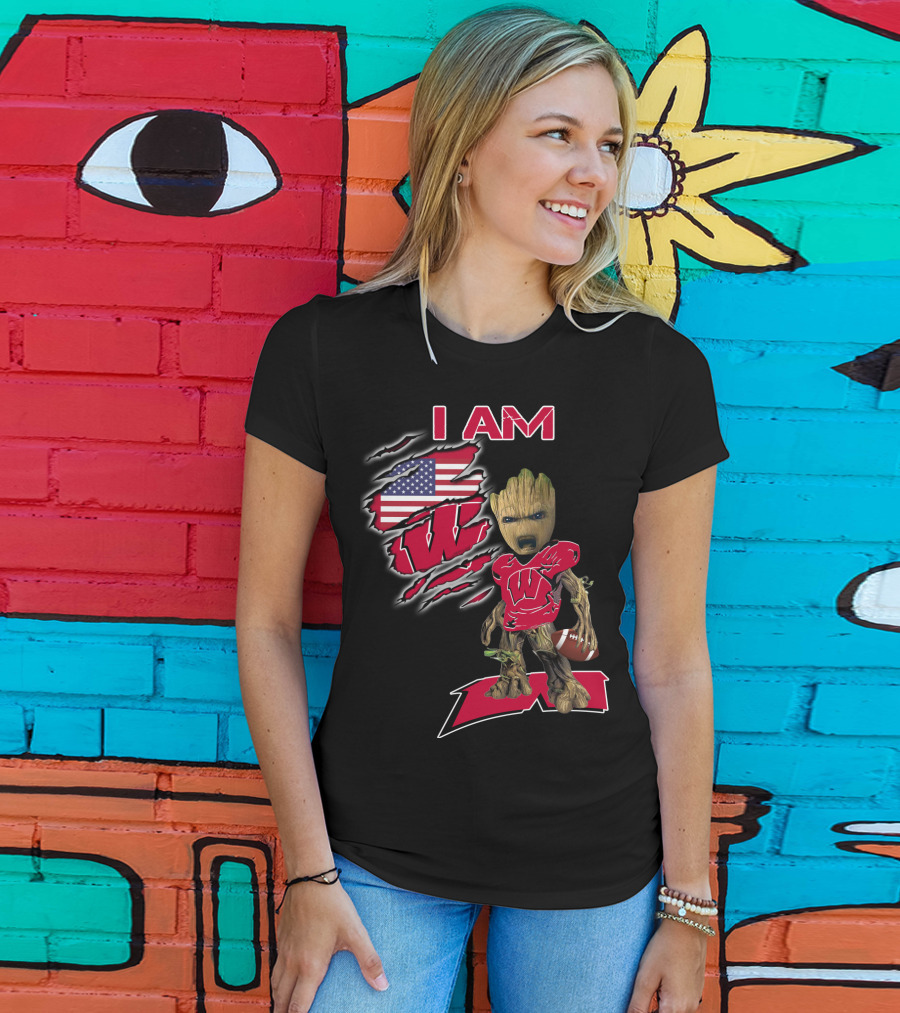 I Am Wisconsin Baby Groot Usa Flag Football W T-Shirt
