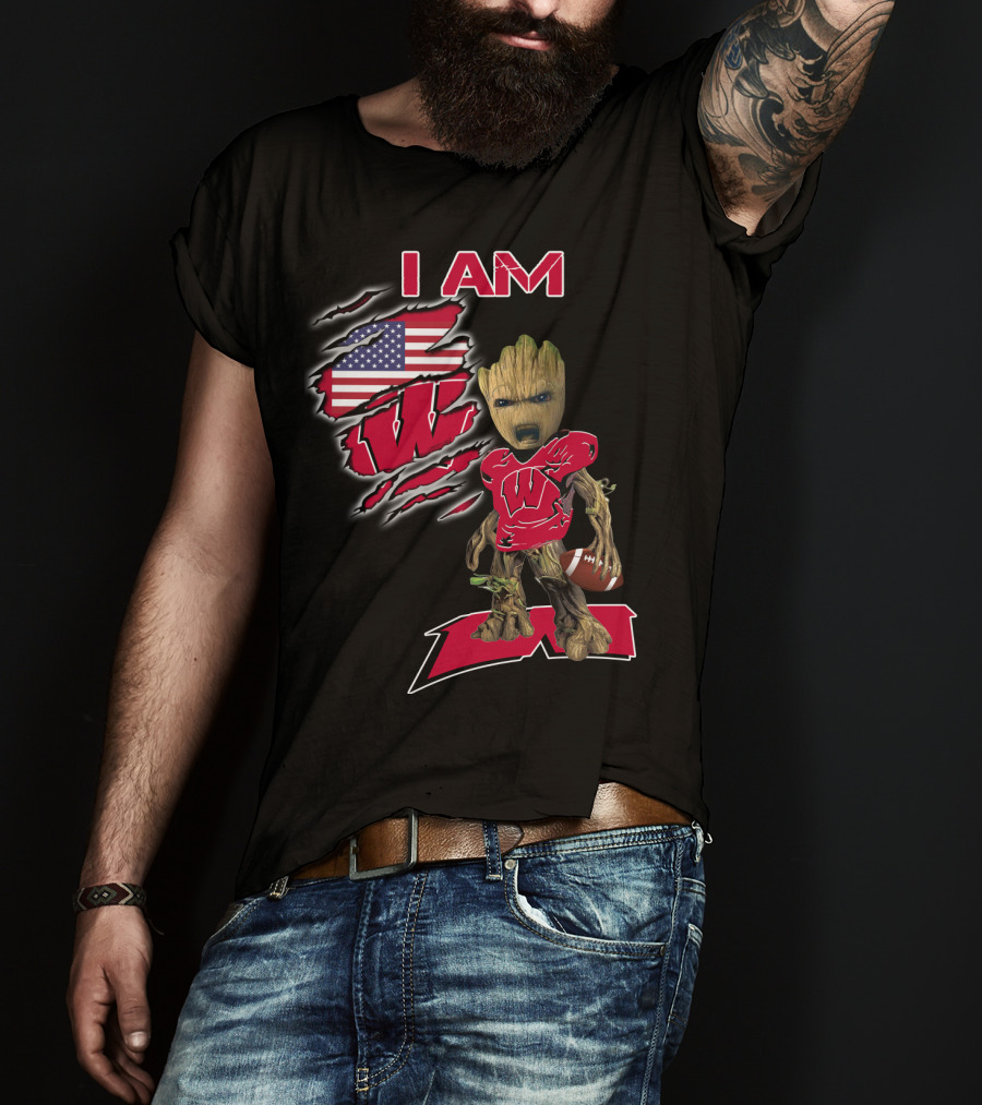 I Am Wisconsin Baby Groot Usa Flag Football W T-Shirt