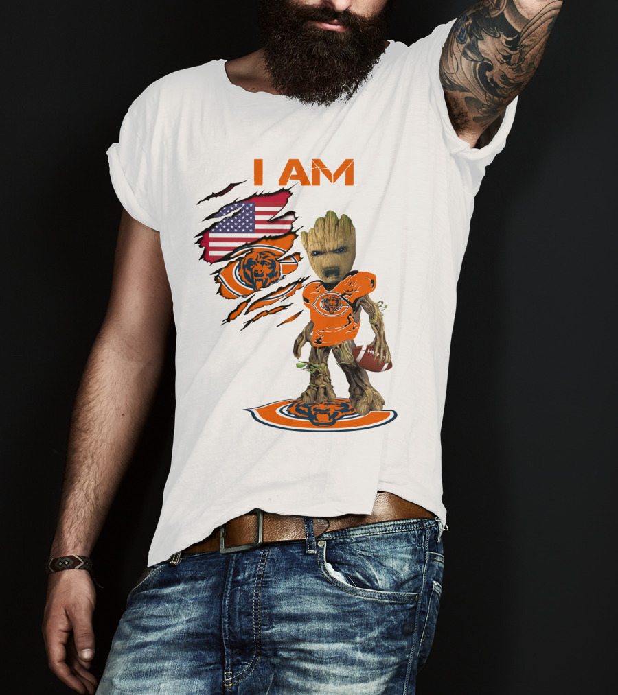 I AM Bears Baby Groot Holding Football With American Flag And Chicago Bears T-Shirt