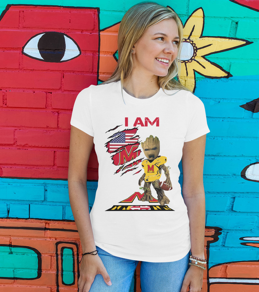 I Am Maryland Baby Groot Football M Logo American Flag T-Shirt